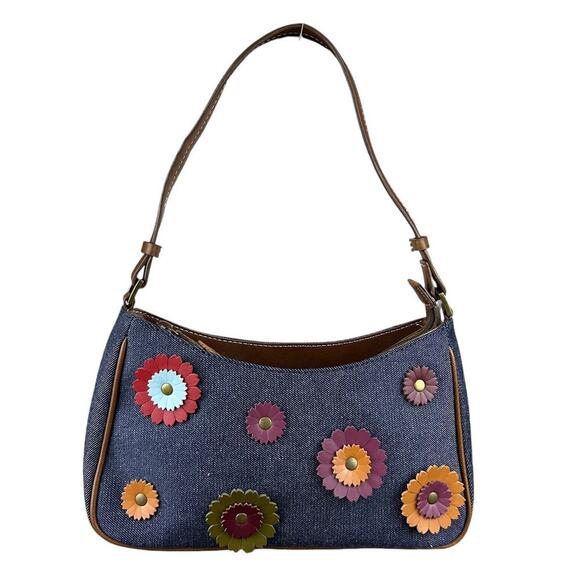 Y2K Liz Claiborne Denim Faux Leather Floral Applique Top Handle Shoulder Bag - Picture 1 of 6
